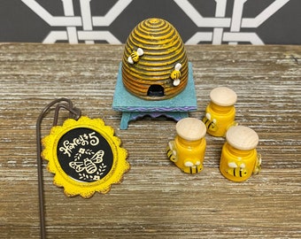 Fairy Garden | Miniature Bee Keeper Collection | Choose 1 or Set of 3 | Resin Bees Hive Handmade Honey Jars Metal Sign | Outdoor Mini Decor