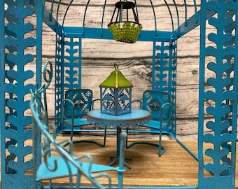 Fairy Garden | Boho Blue Miniature Metal Gazebo | Choose Pergola Chairs Table Lantern Stairs Fairies Decor Furniture | Hanging Chandelier!