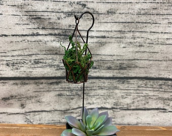 Fairy Garden | Hanging Wire Plant Basket Miniature Accessories | Metal Pick Shepherd's Hook w Moss Filler | Fairies Gnomes Lovely Gift Idea