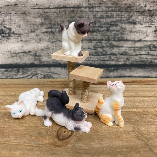 Fairy Garden | Adorable Cat Pet Kitten Mini Figurines Scratch Post Tower | CHOOSE 1 from  Many Poses | Resin Miniature Figurines Wood Tower