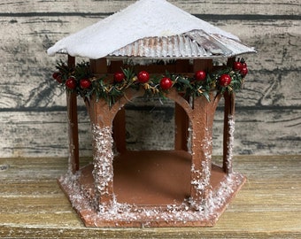 Fairy Garden | Winter Holiday Christmas Gazebo Pavilion Pergola | Fairies Snow Covered Metal-Look Aluminum Tin Roof Village Decor