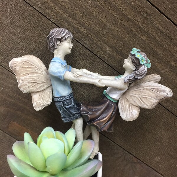 Fairy Garden | Miniature Fairies Isaac & Ivy Swinging Each Other | Resin Mini Outdoor Figurine Friends Playing Holding Arms Statue