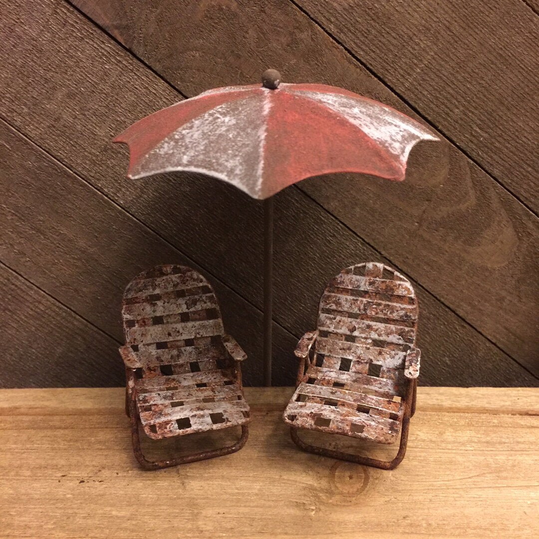 Fairy Garden Rustic Metal Beach Lounge Chairs & Umbrella 3piece Set