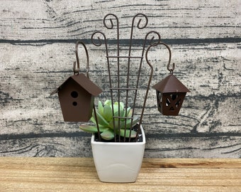 Fairy Garden | Rustic Wire Hanging Miniature Accessories | Choose 1 from Trellis Lantern Birdhouse Shepherds Hook | Rusted Metal Decor