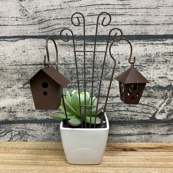 Fairy Garden | Rustic Wire Hanging Miniature Accessories | Choose 1 from Trellis Lantern Birdhouse Shepherds Hook | Rusted Metal Decor