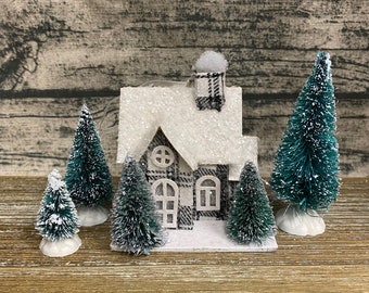 Winter Fairy Garden Set | White Plaid Miniature Cottage Home with 3 Extra Sisal Artificial Christmas Trees | Perfect Holiday Village Decor