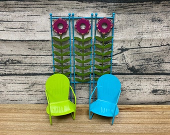 Fairy Garden | Miniature Colorful Metal Patio Chairs & Floral Fence Panel | Choose 1 from 3 Mini Outdoor Fairies Items | Fun Pop of Color!