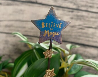 Fairy Garden | Believe in Magic Miniature Ombre Sign w Sparkling Stars | Outdoor Metal Pick Accessories | Fairies Gnomes Cute Decor