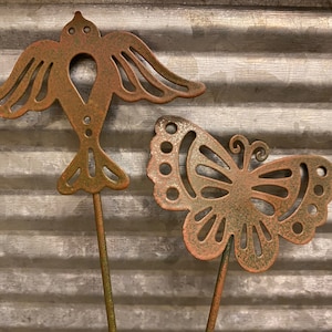 Fairy Garden | Miniature Metal Butterfly Bird Pick Accessories | Choose 1 from 2 Designs | Rustic Rusty Outdoor Mini Decor | Lovely Gift!