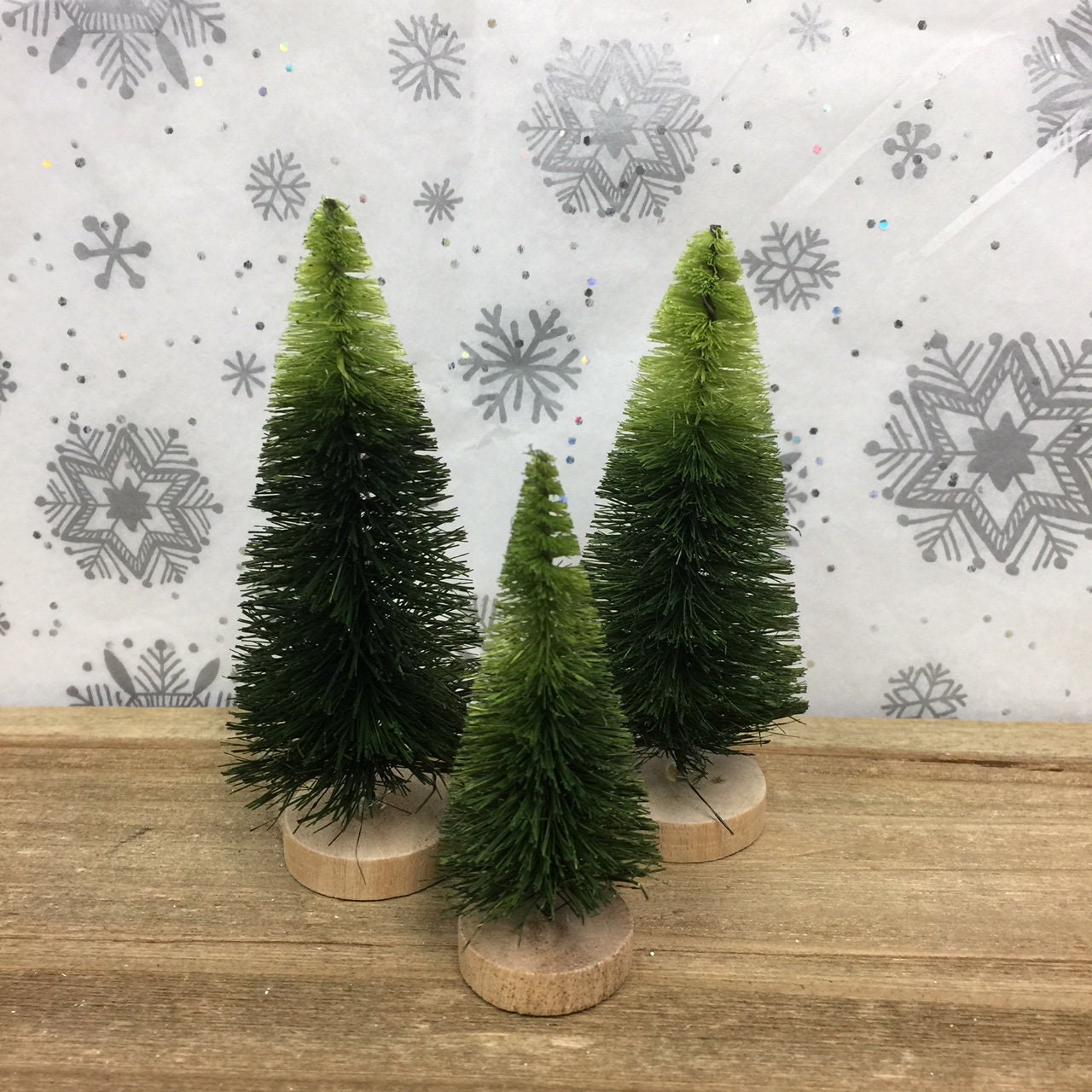 Miniature FAIRY GARDEN ~ 4 Mini CHRISTMAS 3½" Green Glitter Bottlebrush Trees 