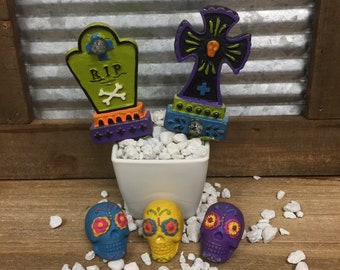 Fairy Garden | Day Dead Halloween Fall Miniature Accessories | Choose 1 from 3 Options | RIP Tombstone Cross Sugar Skulls Día de Muertos