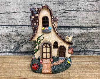 Fairy Garden | Adorable Miniature Tudor Cottage | Resin 8" Tall Bungalow Home Fairies & Gnomes | Bird Ladybug Mushroom Decoration Too Cute!