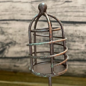 Fairy Garden | Rustic Patina Metal Birdcage Pick | Outdoor Copper Look Furniture | For Fairies & Gnome Village Decor