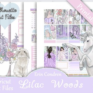 Printable Planner Stickers, Erin Condren, Lilac Woods, Vertical, Weekly Kit, Free Silhouette Cut Files, EC, Spring, Floral, Fairy, Books