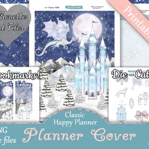 May include: A winter-themed planner cover featuring a blue castle with a white dragon flying overhead. The castle is surrounded by snow-covered trees and a full moon. The text "Classic Happy Planner Cover" is displayed below the image.