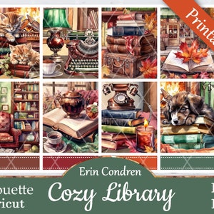 May include: A set of printable digital planner stickers featuring cosy library scenes with books, a cat, a dog, a fireplace, a telephone, a teapot, and a typewriter. The stickers are designed for use with Erin Condren planners.