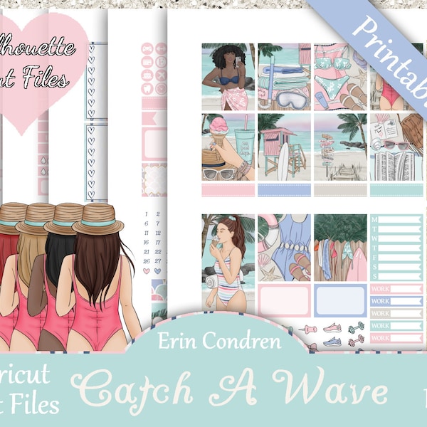 Printable Planner Stickers, Erin Condren, Catch A Wave, Vertical, Weekly Kit, Free Silhouette Cut Files, Summer, Beach, Surfing, Swim, EC