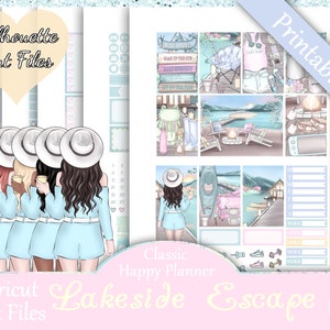 Printable Planner Stickers, Happy Planner, Lakeside Escape, Classic, MAMBI, Weekly Kit, Free Silhouette Cut Files, Books, Coffee, Lake, HP