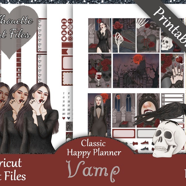 Printable Planner Stickers, Happy Planner, Vamp, Classic, MAMBI, Weekly Kit, Free Silhouette Cut Files, Spooky, Autumn, Goth, Crow, Fall, HP