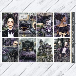 May include: A set of eight digital planner stickers featuring a dark and gothic theme. The stickers include images of a woman with dark hair, a raven, a skull, a spooky house, a vintage typewriter, a potion bottle, a skeleton, and a vintage lamp. The text "The Raven" and "Dark Poetry" are also included in the stickers.
