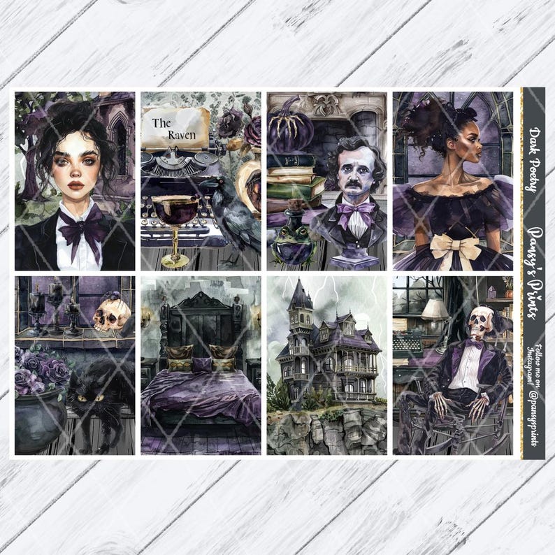 May include: A set of eight digital planner stickers featuring a dark and gothic theme. The stickers include images of a woman with dark hair, a raven, a skull, a spooky house, a vintage typewriter, a potion bottle, a skeleton, and a vintage lamp. The text "The Raven" and "Dark Poetry" are also included in the stickers.