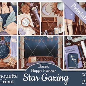Printable Planner Stickers, Happy Planner, Star Gazing, Classic, MAMBI, Weekly Kit, Free Silhouette Cut Files, Zodiac, Astronomy, Stars, HP