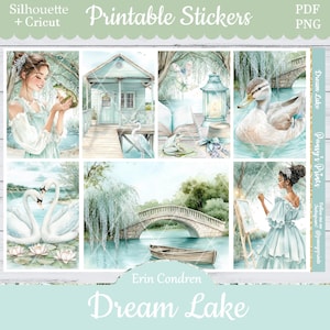Printable Planner Stickers, Happy Planner, Dream Lake, Vertical, Weekly Kit, Free Silhouette, Frog, Duck, Swan, Painting, Artist, Coquette