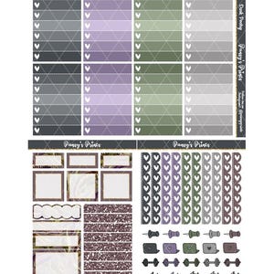 May include: A set of printable planner stickers with a purple, grey, and green colour scheme. The stickers include various shapes, including hearts, squares, and rectangles. The stickers also include text that says "Pansy's Prints" and "Dark Poetry".