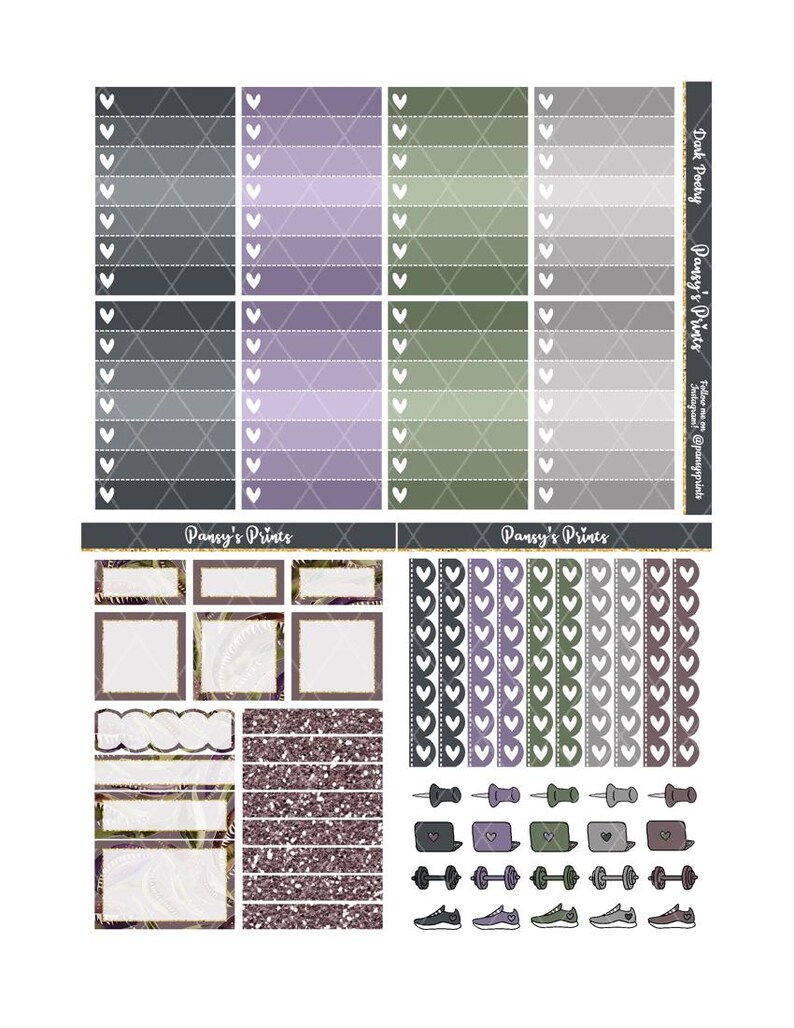 May include: A set of printable planner stickers with a purple, grey, and green colour scheme. The stickers include various shapes, including hearts, squares, and rectangles. The stickers also include text that says "Pansy's Prints" and "Dark Poetry".