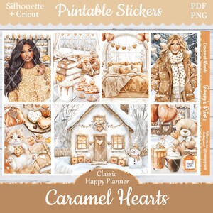 Printable Planner Stickers, Happy Planner, Caramel Hearts, Vertical, Weekly Kit, Free Silhouette, Cat, Tea, Toasty, Cookies, Galentine, Snow