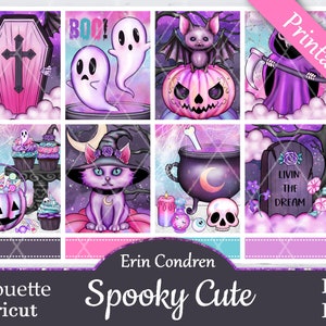 Printable Planner Stickers, Erin Condren, Spooky Cute, Vertical, Weekly Kit, Free Silhouette Cut Files, Pink, Ghost, Boo, Cat, Pastel, EC