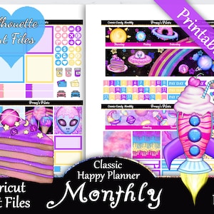 Printable Planner Stickers, Happy Planner, Cosmic Candy, Cricut, Monthly Kit, Free Silhouette Cut Files, Space, Galaxy, Cake, UFO, Pink, HP