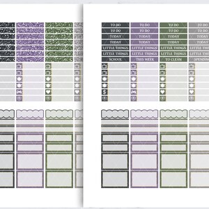 May include: A set of printable planner stickers with a glittery black, purple, and green design. The stickers include boxes, checklists, and labels with text such as "To Do Today", "Little Things", "School", "This Week", "To Clean", and "Spending".