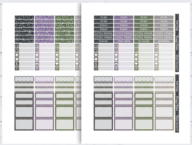 May include: A set of printable planner stickers with a glittery black, purple, and green design. The stickers include boxes, checklists, and labels with text such as "To Do Today", "Little Things", "School", "This Week", "To Clean", and "Spending".