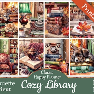 Puede incluir: Un conjunto de pegatinas digitales imprimibles para planificadores con un tema de biblioteca acogedora. Las pegatinas incluyen imágenes de libros, una chimenea, un gato, un perro, una máquina de escribir, un teléfono y una lámpara. Las pegatinas son perfectas para agregar un toque de fantasía y personalidad a tu planificador.