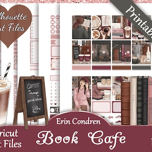 Printable Planner Stickers, Erin Condren, Book Cafe, Vertical, Cricut, Weekly Kit, Free Silhouette Cut Files, Reading, BTS, Floral, Pink EC