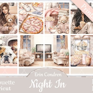 Printable Planner Stickers, Erin Condren, Night In, Vertical, Weekly Kit, Free Silhouette Cut Files, Slumber, Pajamas, Movie, Bulldog, Dog