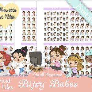 May include: A digital download of printable and cut files featuring cartoon girls in various activities. The text "Fits all Planners!" and "Bifsy Babes" is included in the image. The image also includes the text "Printables", "Silhouette Cut Files", "+ Cricut Cut Files", and "PDF".