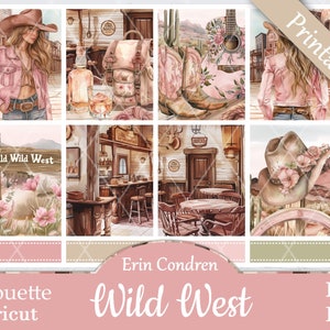 May include: A set of printable planner stickers with a Wild West theme. The stickers feature a pink cowboy hat, a saloon, a guitar, and a sign that says "Wild Wild West".