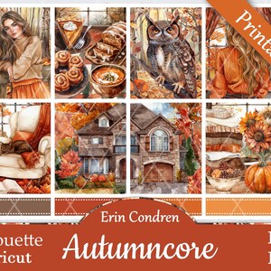 May include: A set of printable digital planner stickers featuring autumnal themes. The stickers include images of a woman in a brown sweater, a house, an owl, a pumpkin, and fall leaves. The stickers are designed for use with Erin Condren planners and are compatible with Silhouette and Cricut cutting machines.