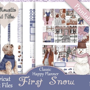 May include: A set of printable planner stickers featuring a winter theme with a snowman, a dog wearing a sweater, a woman in a winter coat, and a house with snow on the roof. The stickers are in a purple and pink color scheme and include the text "First Snow".