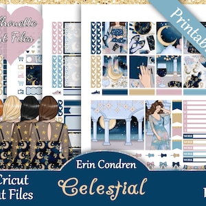 Printable Planner Stickers, Erin Condren, Celestial, Vertical, Weekly Kit, Free Silhouette Cut Files, Moon, Stars, Zodiac Signs, Floral, EC