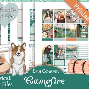 Printable Planner Stickers, Erin Condren, Campfire, Vertical, Weekly Kit, Free Silhouette Cut Files, Corgi, Dog, Smores, Lake, Cabin, EC