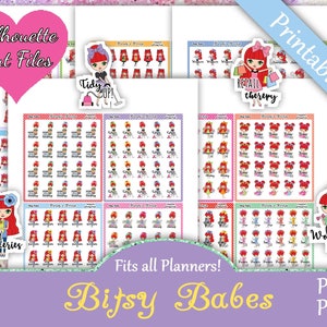 Printable Planner Stickers, Bitsy Babes, Functional, Cute Girls, Laundry, Cleaning, Shopping, Work, Pay Bills, Red Hair, Me Time, Sick Day