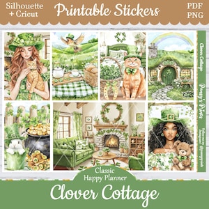 May include: Printable stickers featuring a green, white, and gold color scheme with a cottage, a cat, a girl, a bunny, and a fireplace. The stickers are designed for a classic happy planner.