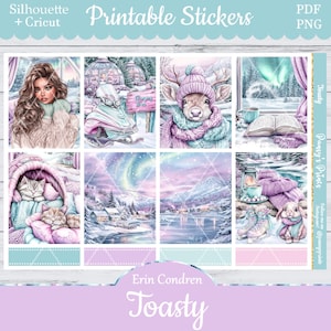 May include: A set of printable stickers featuring winter scenes with a cozy and whimsical theme. The stickers include a girl in a winter coat, a deer wearing a hat and scarf, a snowmobile, a cabin in the woods, a book and a cup of coffee, and a bunny wearing a scarf. The stickers are designed for use with Erin Condren planners.