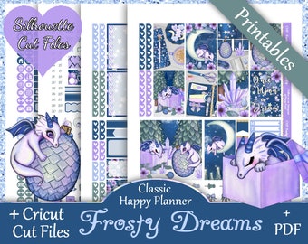 Printable Planner Stickers, Happy Planner, Frosty Dreams, Classic, MAMBI, Weekly Kit, Free Silhouette Cut Files, Flowers, Coffee, Floral, HP