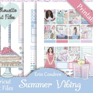 Printable Planner Stickers, Erin Condren, Summer Vibing, Vertical, Weekly Kit, Free Silhouette Cut Files, Summer, Food, Pool, Swimming, EC