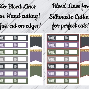 May include: Printable planner stickers with the words "Work to" repeated seven times. The stickers are in a variety of colours, including black, grey, green, purple, and gold. The stickers are designed for both hand cutting and silhouette cutting.