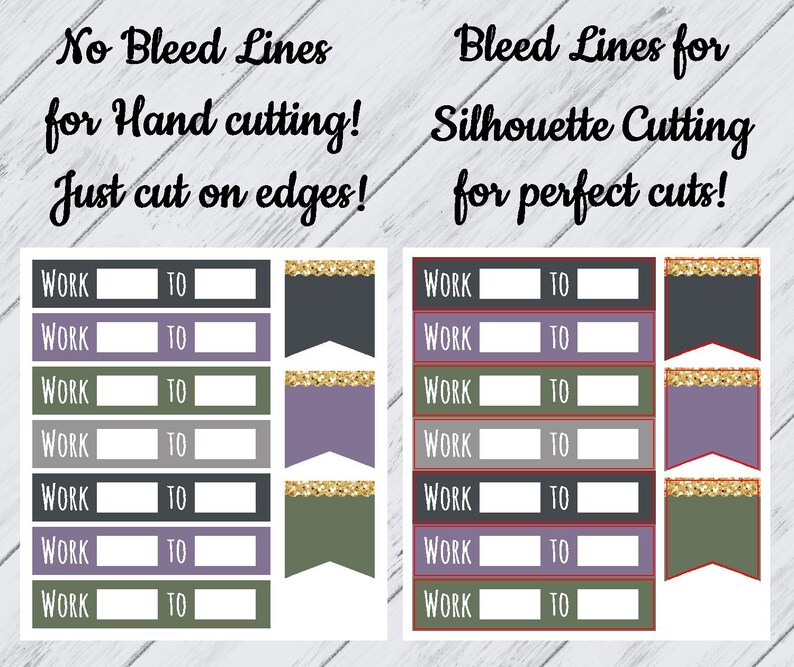 May include: Printable planner stickers with the words "Work to" repeated seven times. The stickers are in a variety of colours, including black, grey, green, purple, and gold. The stickers are designed for both hand cutting and silhouette cutting.